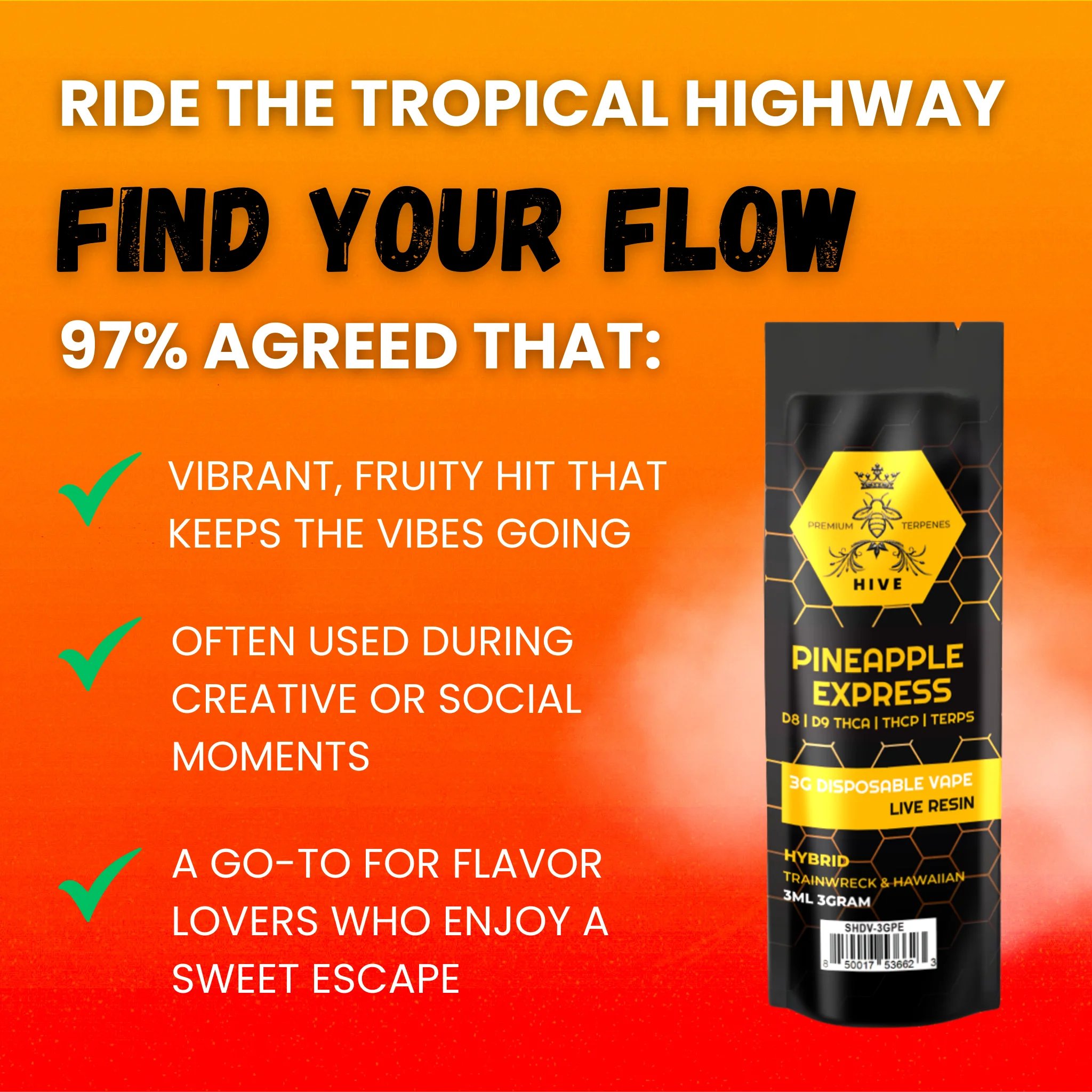 Pineapple Express vape packaging with product benefits and three green check marks displayed.